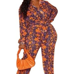 PRETTYLITTLETHING Plus Orange Print Beach Flare Pants ie 16 NWT
